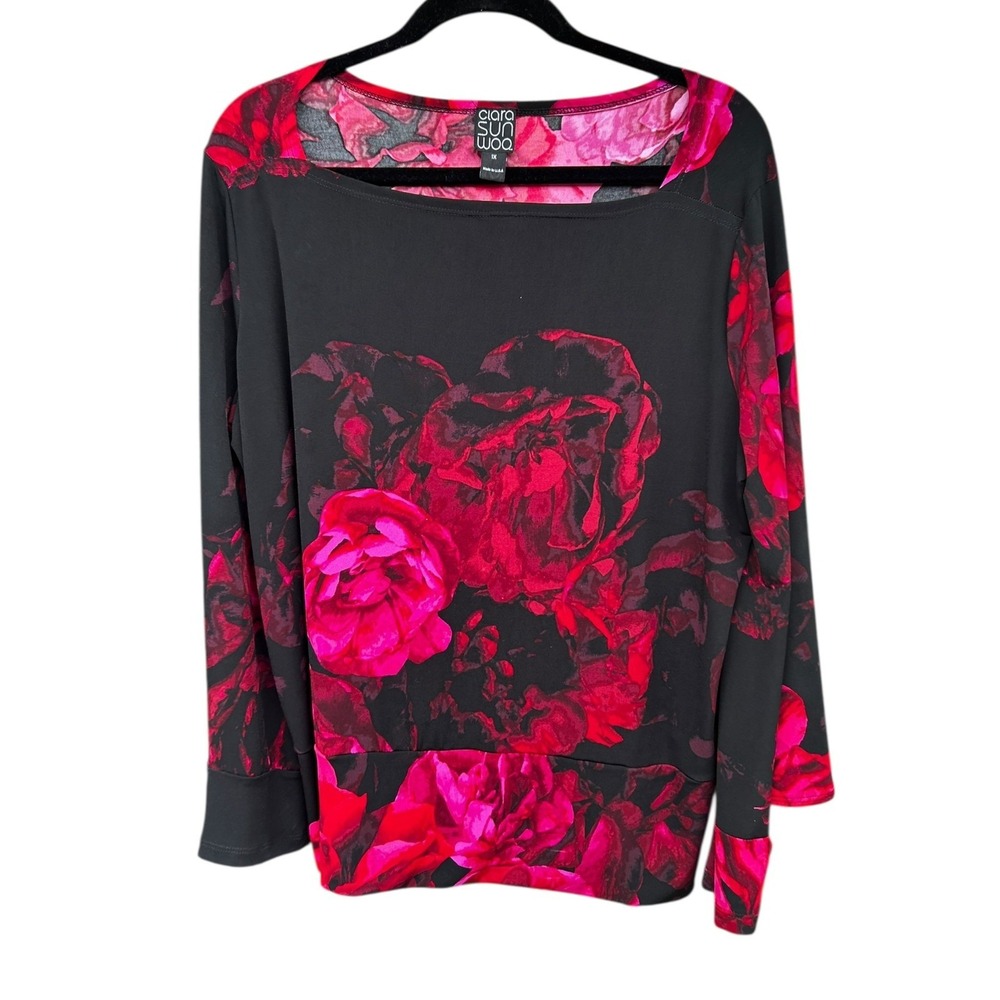 Clara Sun Woo 1X Flowy Top Floral Peony Print Red Pink 3/4 Sleeve USA Made